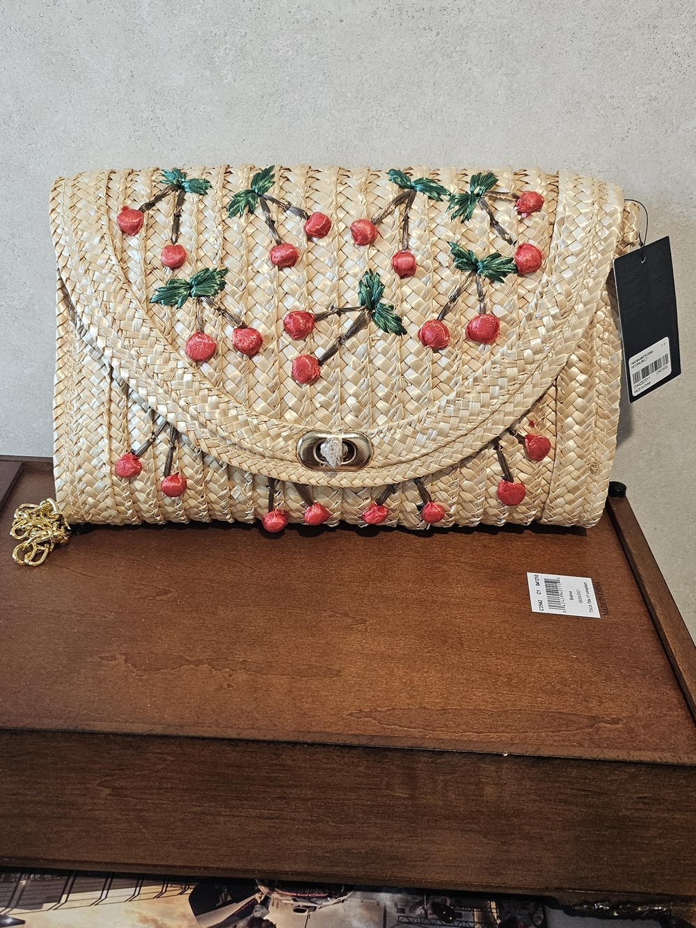 Forever 21 Straw Shoulder Bag with Red Cherry Embroidery